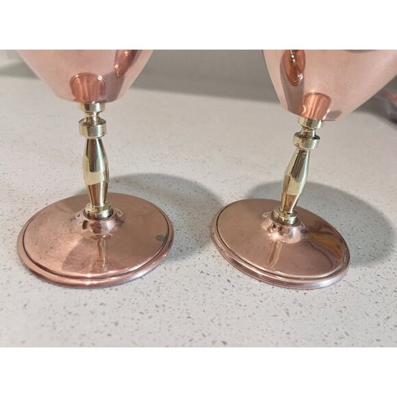 Set of 2 Orfe Mexican? Copper over Silver Wine Goblets Brass Stems Mixed Metals - Picture 12 of 14
